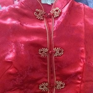 Red and gold trim Chinese print shirt